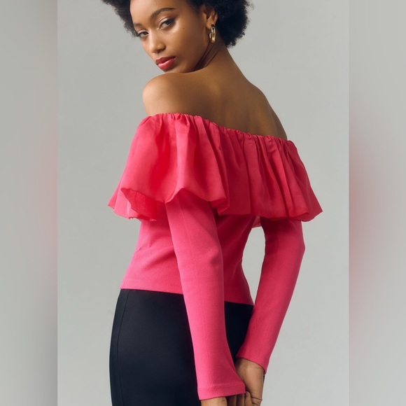 By Anthropologie Off-The-Shoulder Organza Ruffle Top Small Pink - Picture 4 of 9